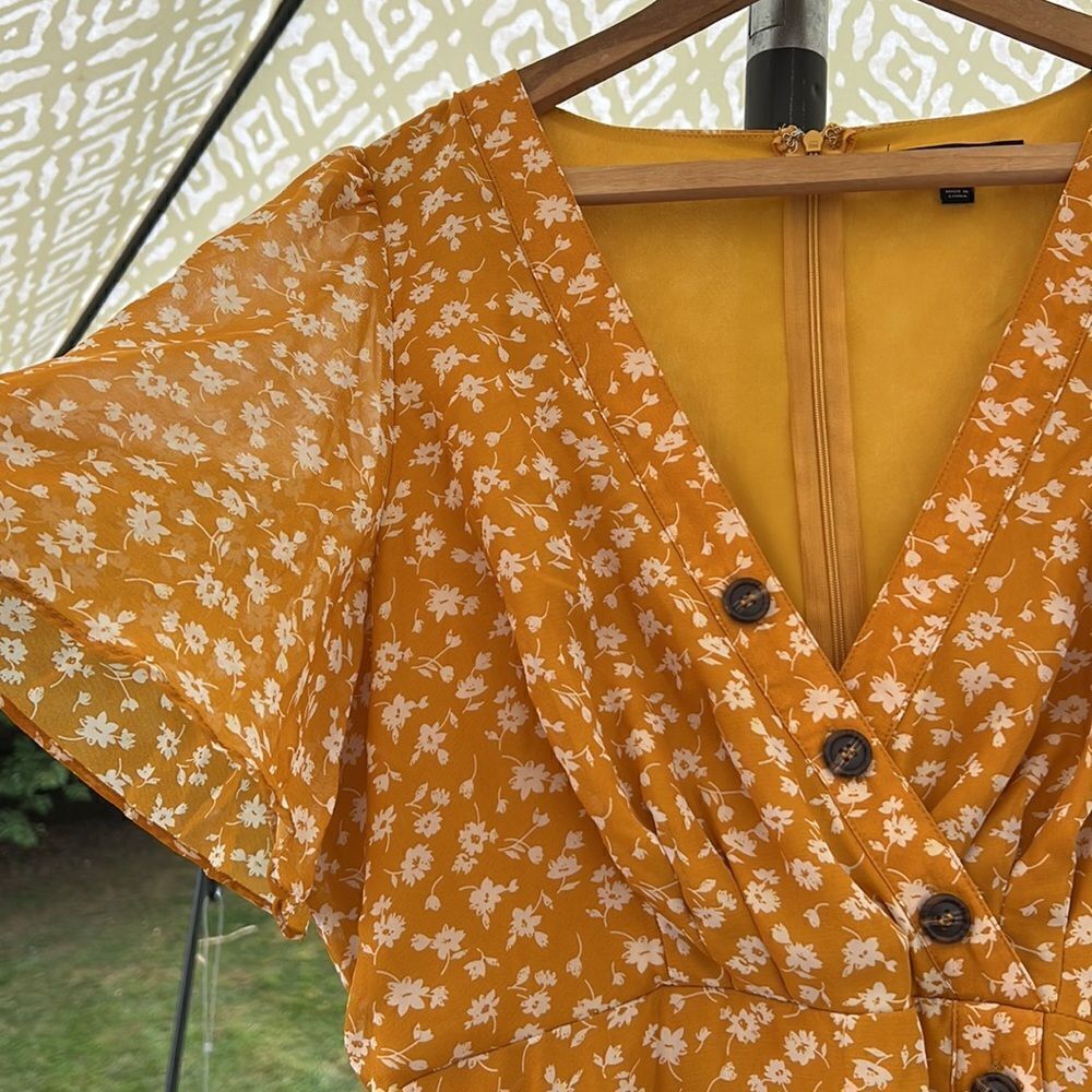 Lulus Women’s XL mustard yellow floral midi flowing dress NWOT boho prairie core - Picture 4 of 16